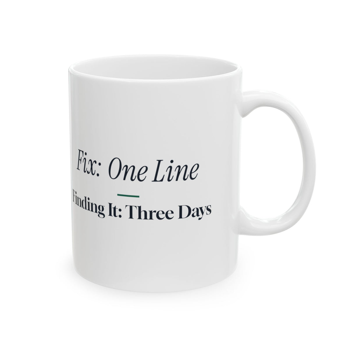 Funny Software Developer Coffee Mug One Line Fix Three Days