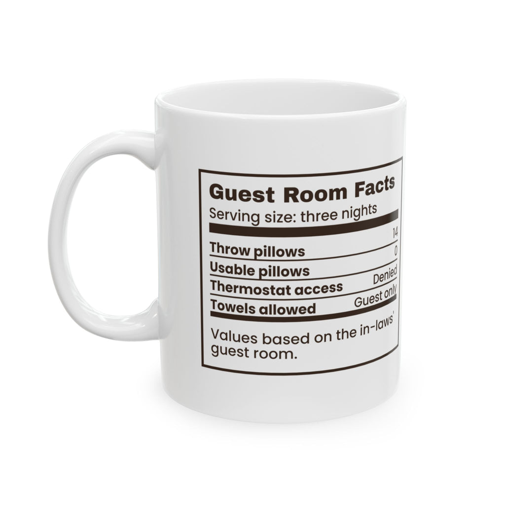 Funny In-Laws Christmas Visit Coffee Mug Guest Room Facts Label