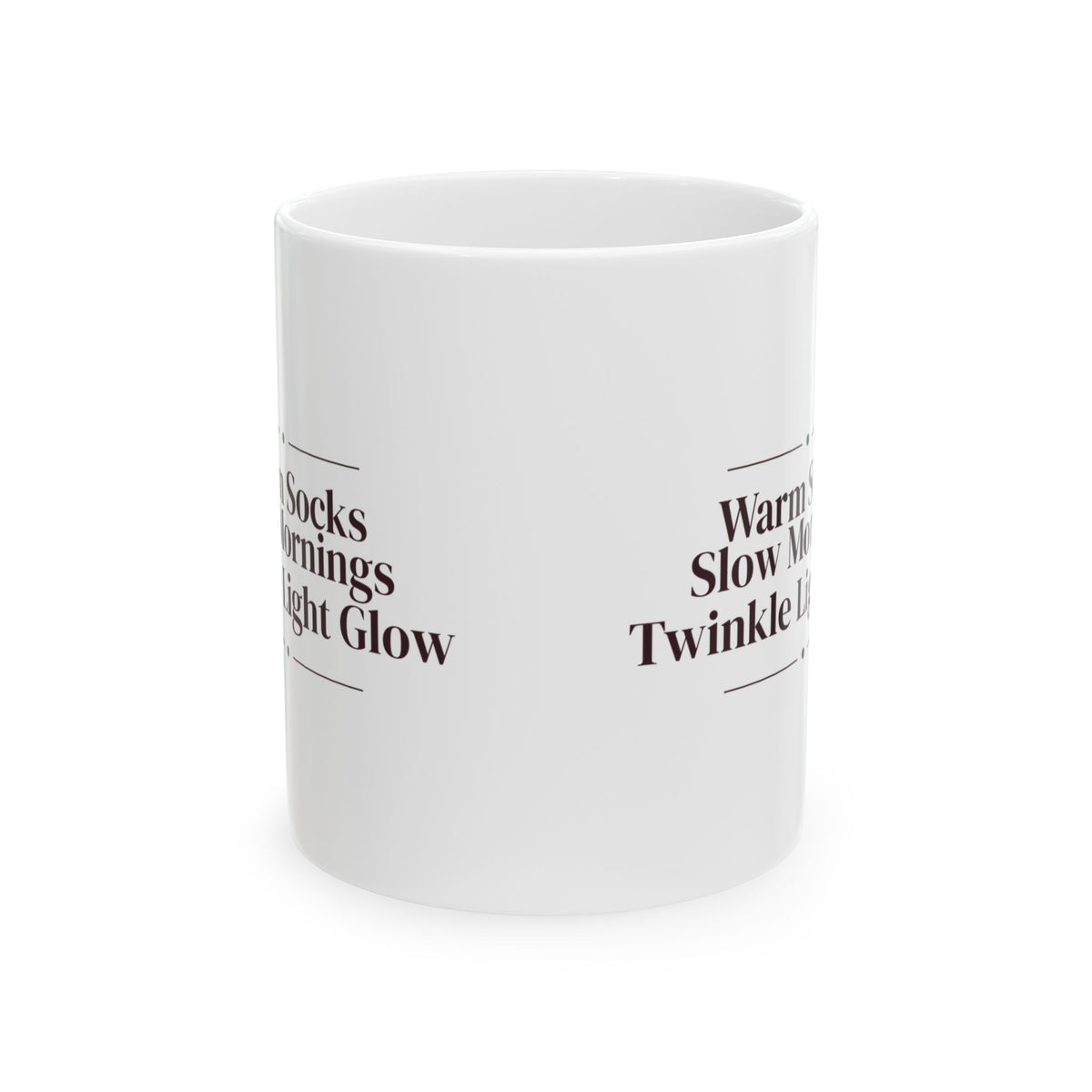 Cozy Christmas Coffee Mug Warm Socks Slow Mornings Twinkle Light Glow