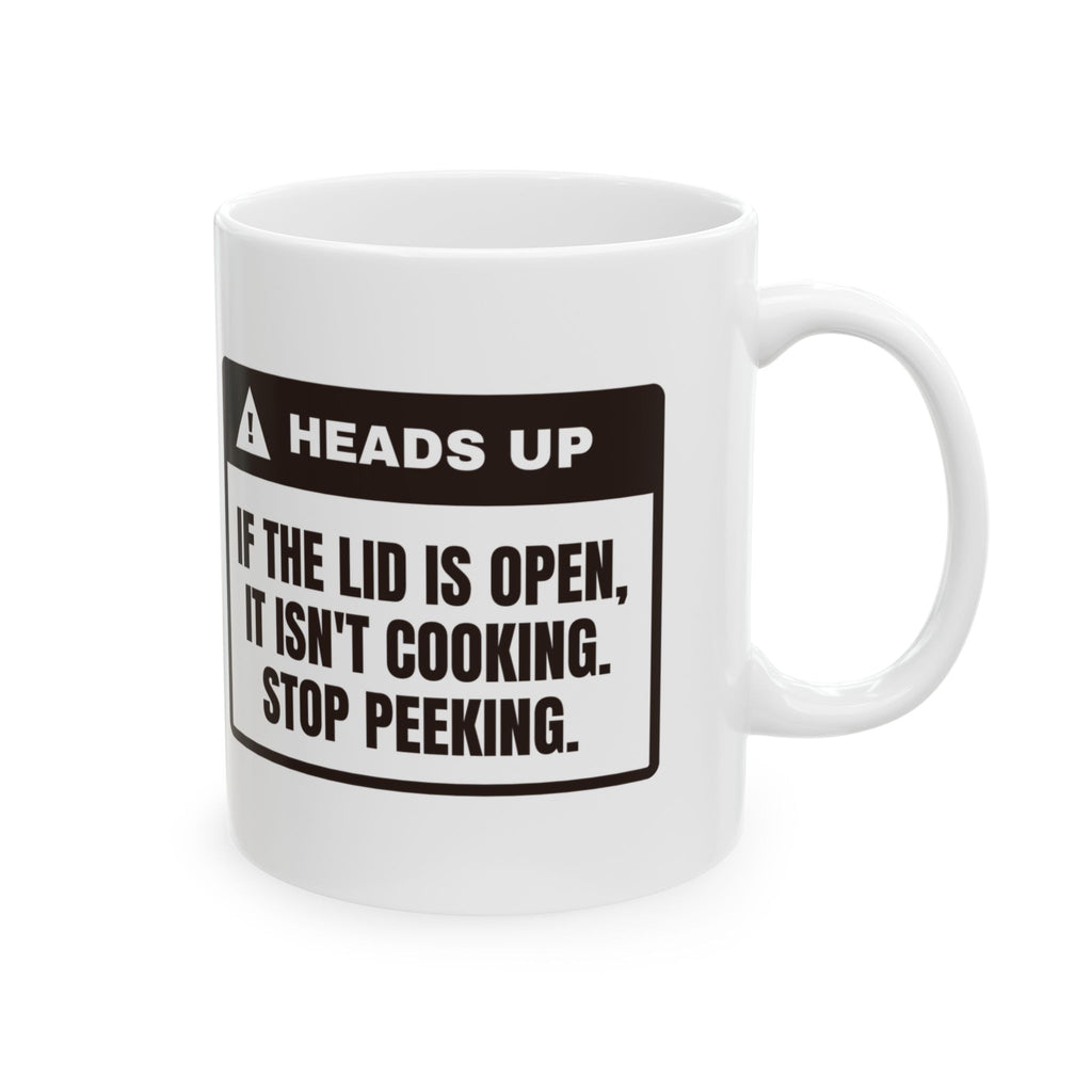 Funny BBQ Coffee Mug Heads Up Lid Open Not Cooking Stop Peeking