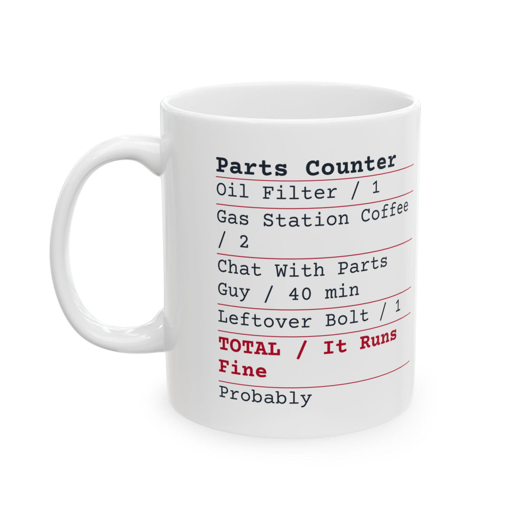 Funny Car Guy Coffee Mug Parts Counter Receipt Leftover Bolt
