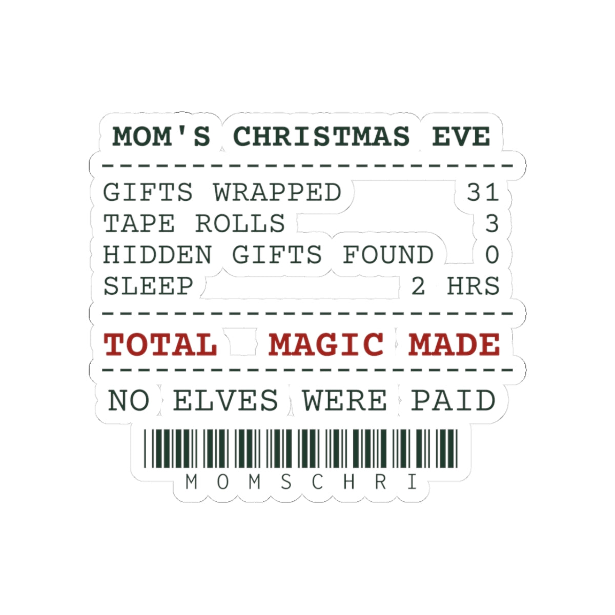 Funny Mom Christmas Sticker Mom's Christmas Eve Receipt