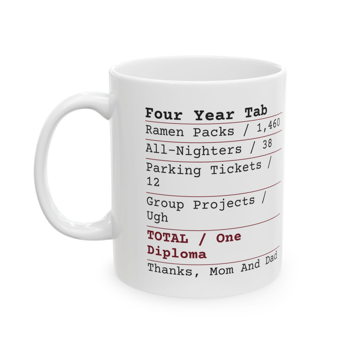 Funny College Graduation Coffee Mug Four Year Tab Receipt One Diploma