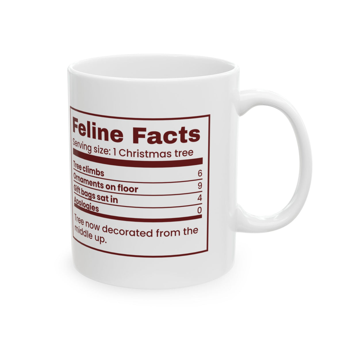 Funny Christmas Cat Coffee Mug Feline Facts Nutrition Label