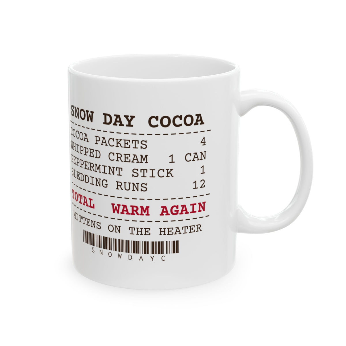 Hot Cocoa Mug Sledding Runs 12 Cocoa Packets 4 Snow Day Receipt
