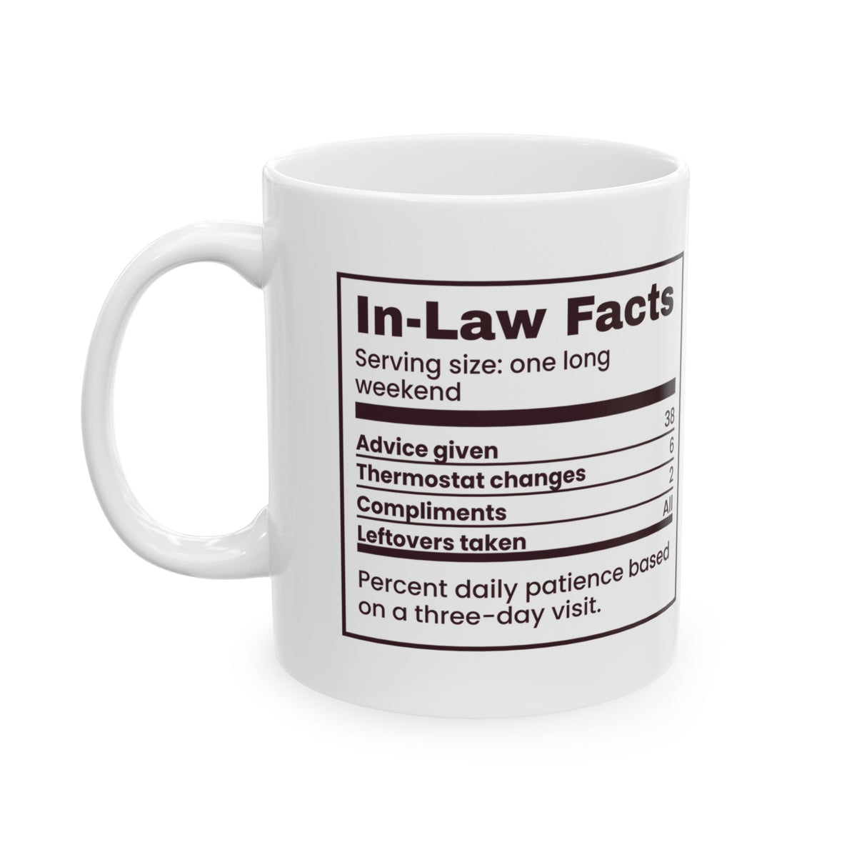 Funny Christmas Coffee Mug In-Law Facts Nutrition Label For Spouses
