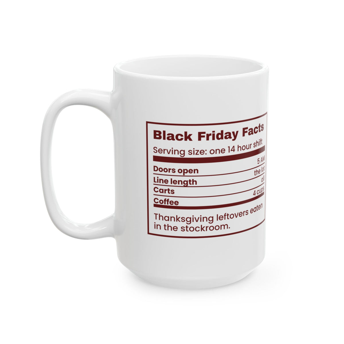 Funny Christmas Retail Coffee Mug Black Friday Facts Nutrition Label