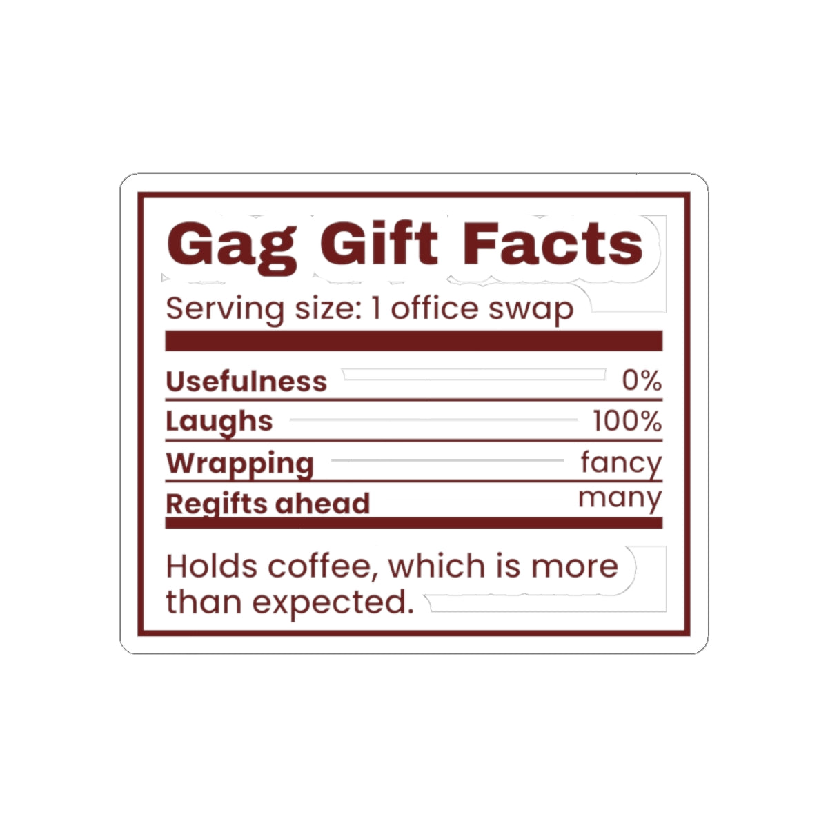 Funny White Elephant Sticker Gag Gift Facts Nutrition Label