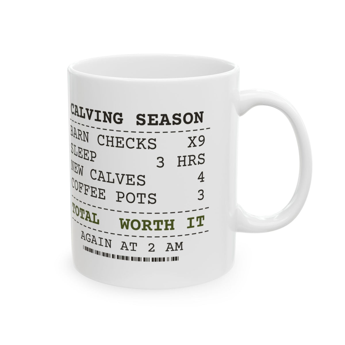 Funny Farmer Coffee Mug Calving Checks 2 AM 4 AM 6 AM Receipt