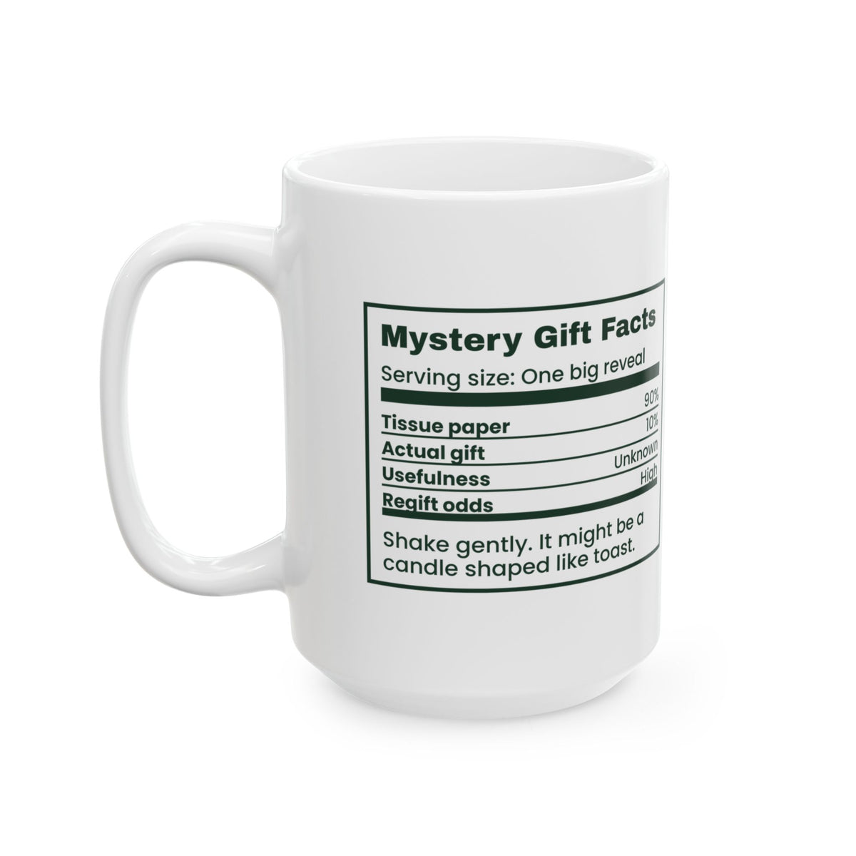Funny White Elephant Coffee Mug Mystery Gift Facts Label