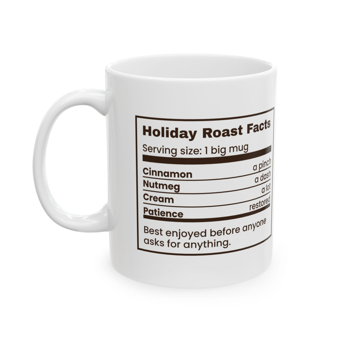 Funny Christmas Coffee Mug Holiday Roast Facts Nutrition Label