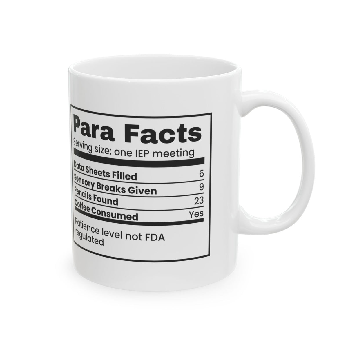 Funny Paraeducator Coffee Mug Nutrition Facts For Teacher Aides