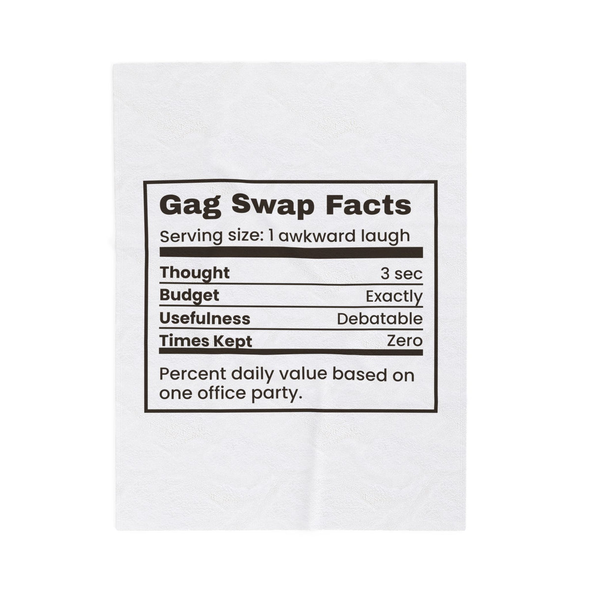 Funny White Elephant Throw Blanket Gag Swap Facts Nutrition Label