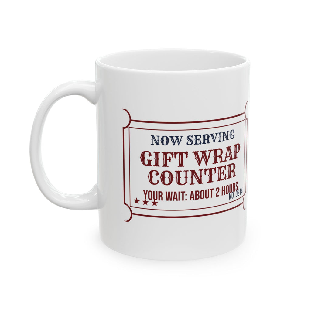 Funny Christmas Coffee Mug Gift Wrap Counter Ticket For Holiday Shoppers