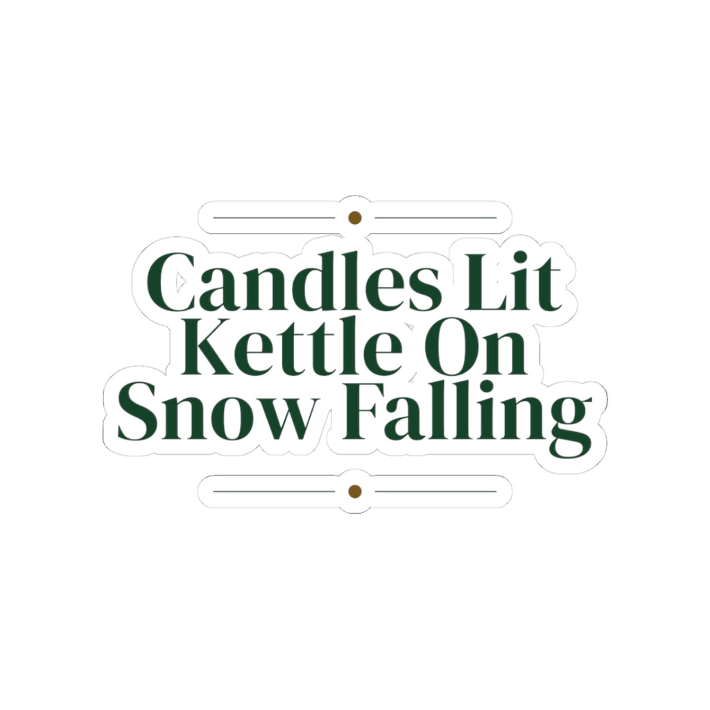 Christmas Sticker Candles Lit Kettle On Snow Falling Cozy Winter