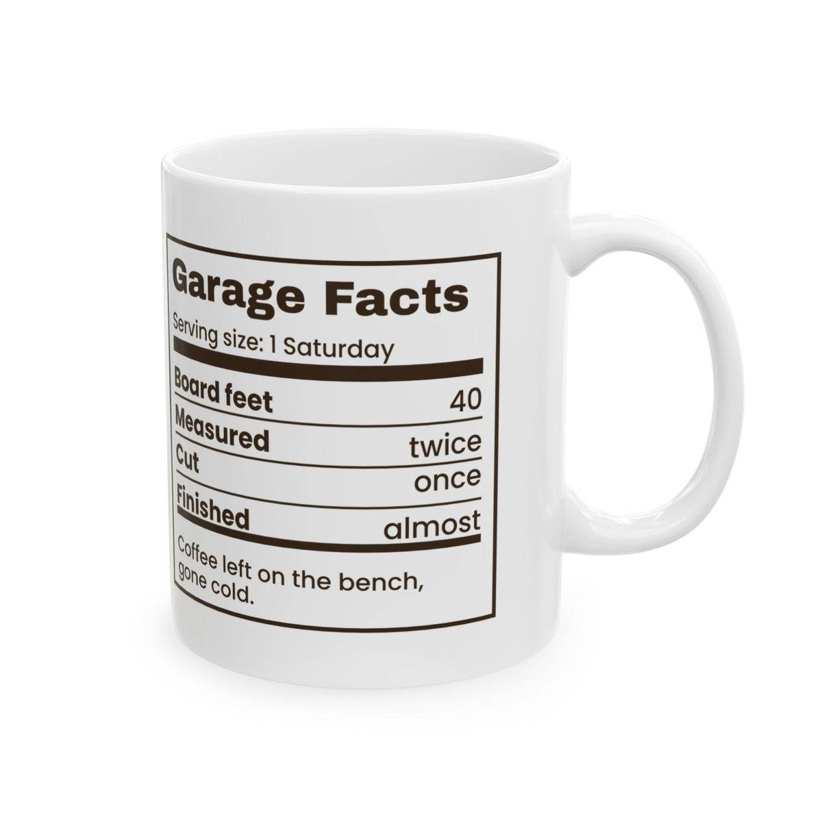 Funny Woodworking Coffee Mug Garage Facts Nutrition Label