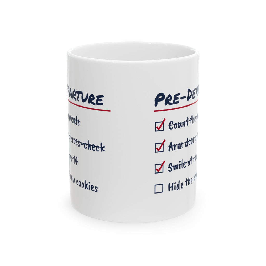 Funny Flight Attendant Coffee Mug Pre-Departure Checklist Crew Cookies