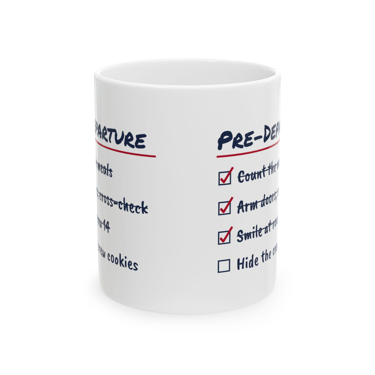 Funny Flight Attendant Coffee Mug Pre-Departure Checklist Crew Cookies