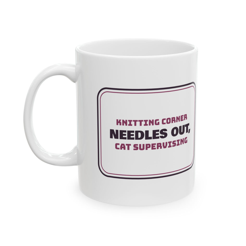 Funny Knitting Coffee Mug Needles Out Cat Supervising