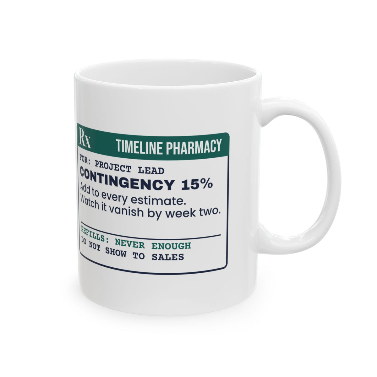 Funny Project Manager Coffee Mug Contingency Prescription Label