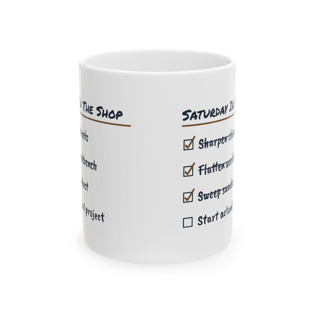 Funny Woodshop Mug Sharpened Everything Built Nothing Checklist