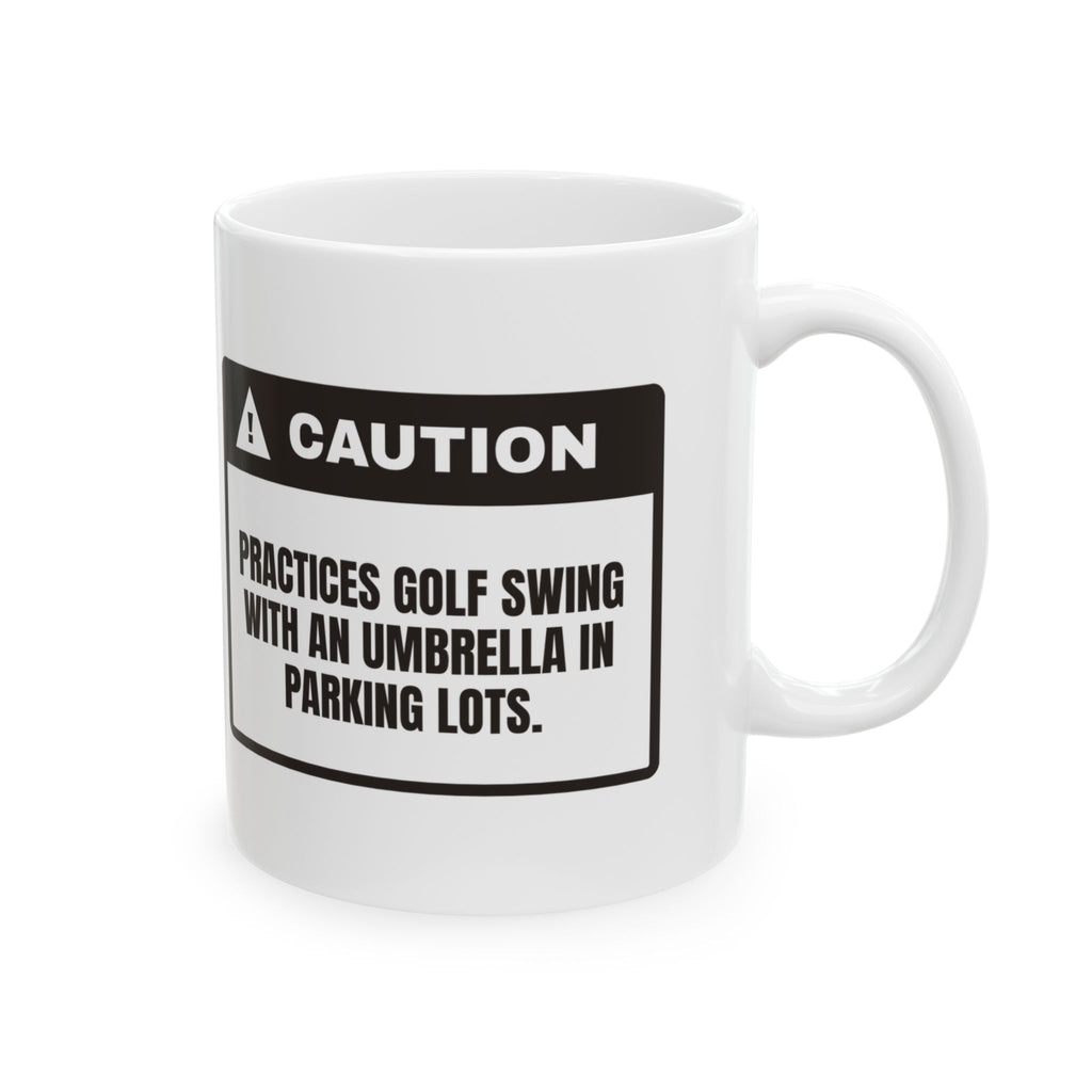 Golfer Coffee Mug Caution Umbrella Swing Practice Parking Lot