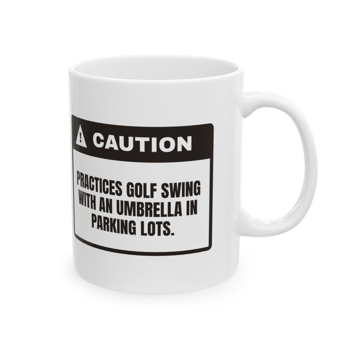 Golfer Coffee Mug Caution Umbrella Swing Practice Parking Lot