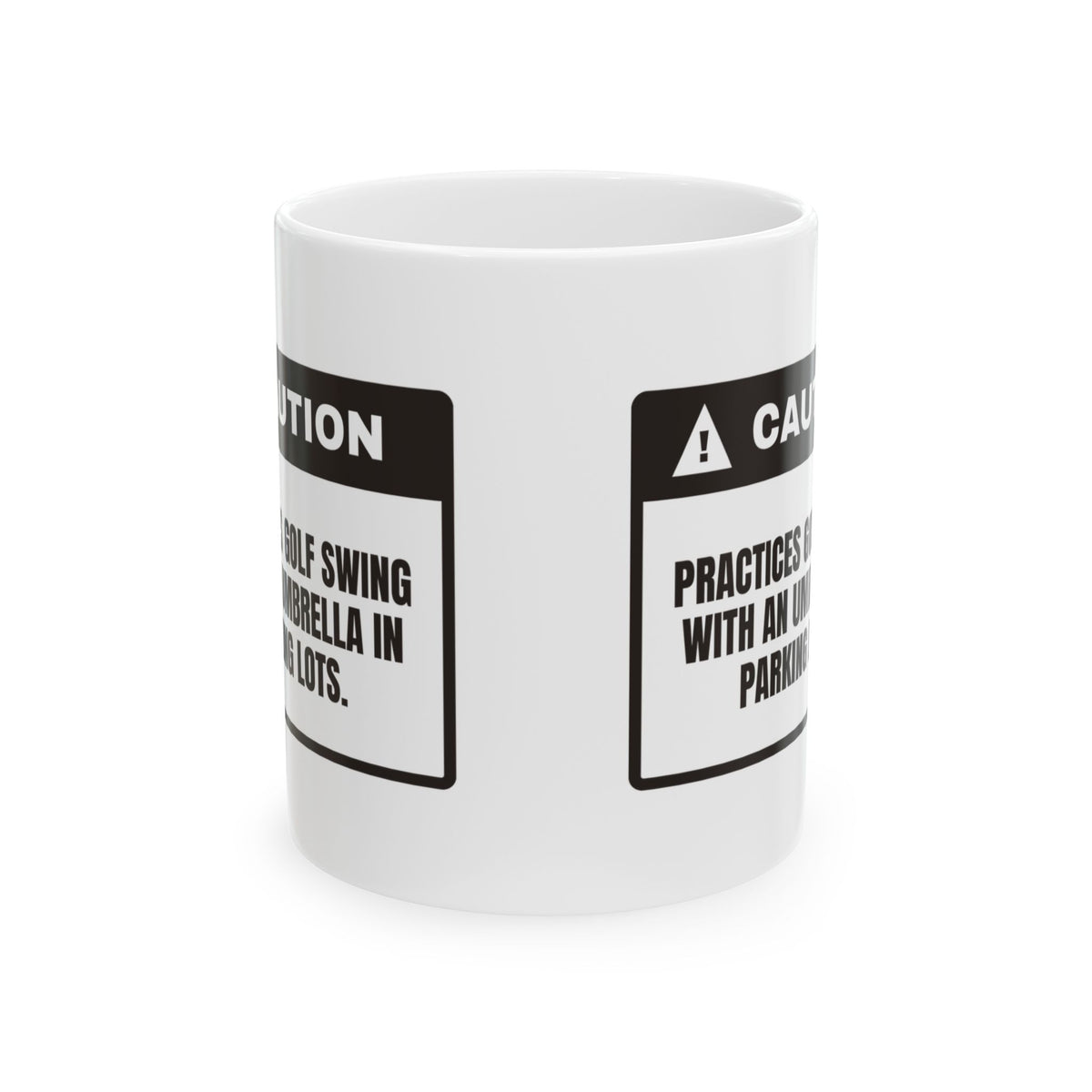 Golfer Coffee Mug Caution Umbrella Swing Practice Parking Lot