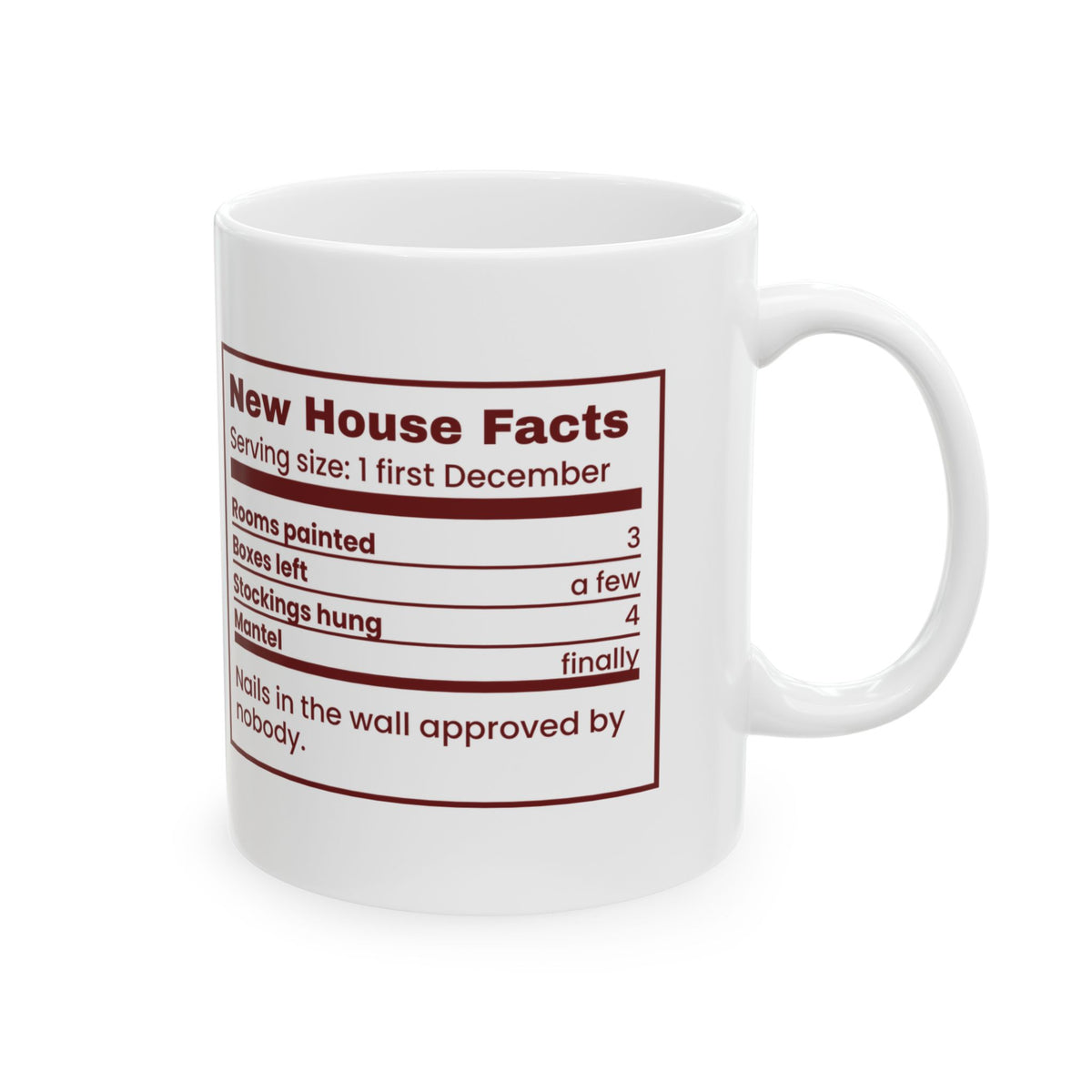 Funny Christmas Coffee Mug New House Facts Nutrition Label
