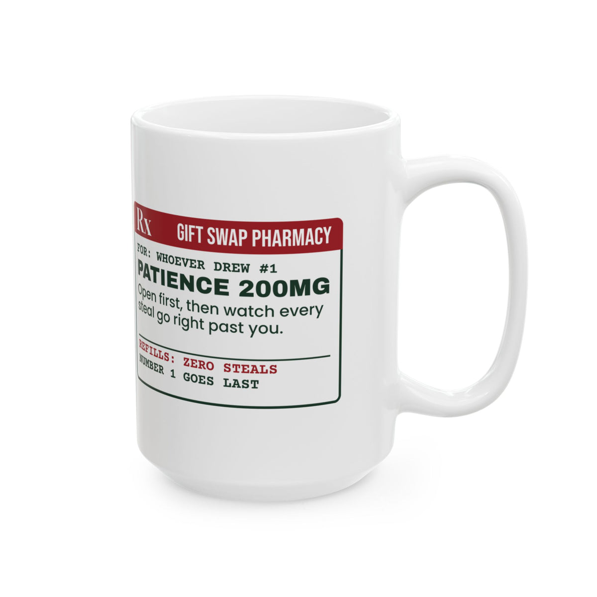 Funny White Elephant Coffee Mug Drew Number One Prescription Label