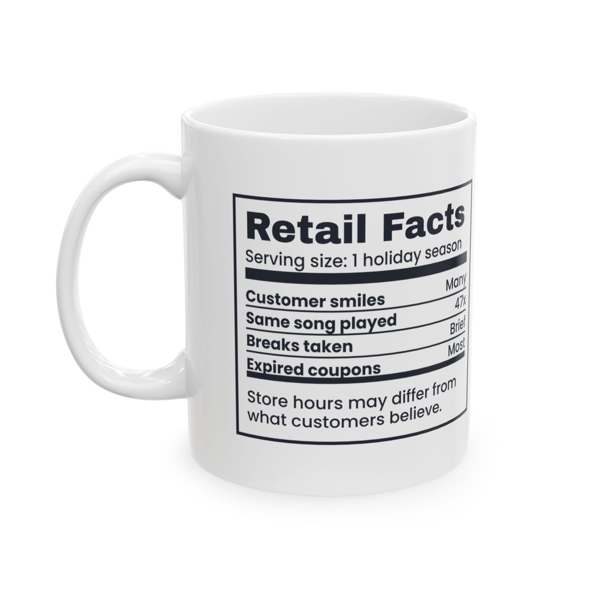 Retail Facts Coffee Mug Same Song Played 47x Holiday Season Label