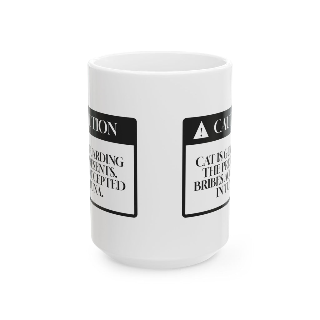 Funny Christmas Coffee Mug Cat Guarding The Presents Warning Label