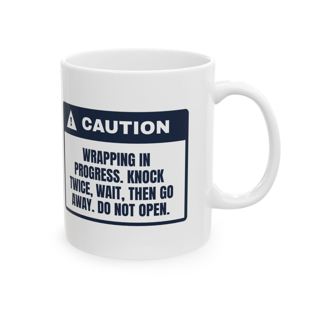 Funny Christmas Wrapping Coffee Mug Wrapping In Progress Caution Label