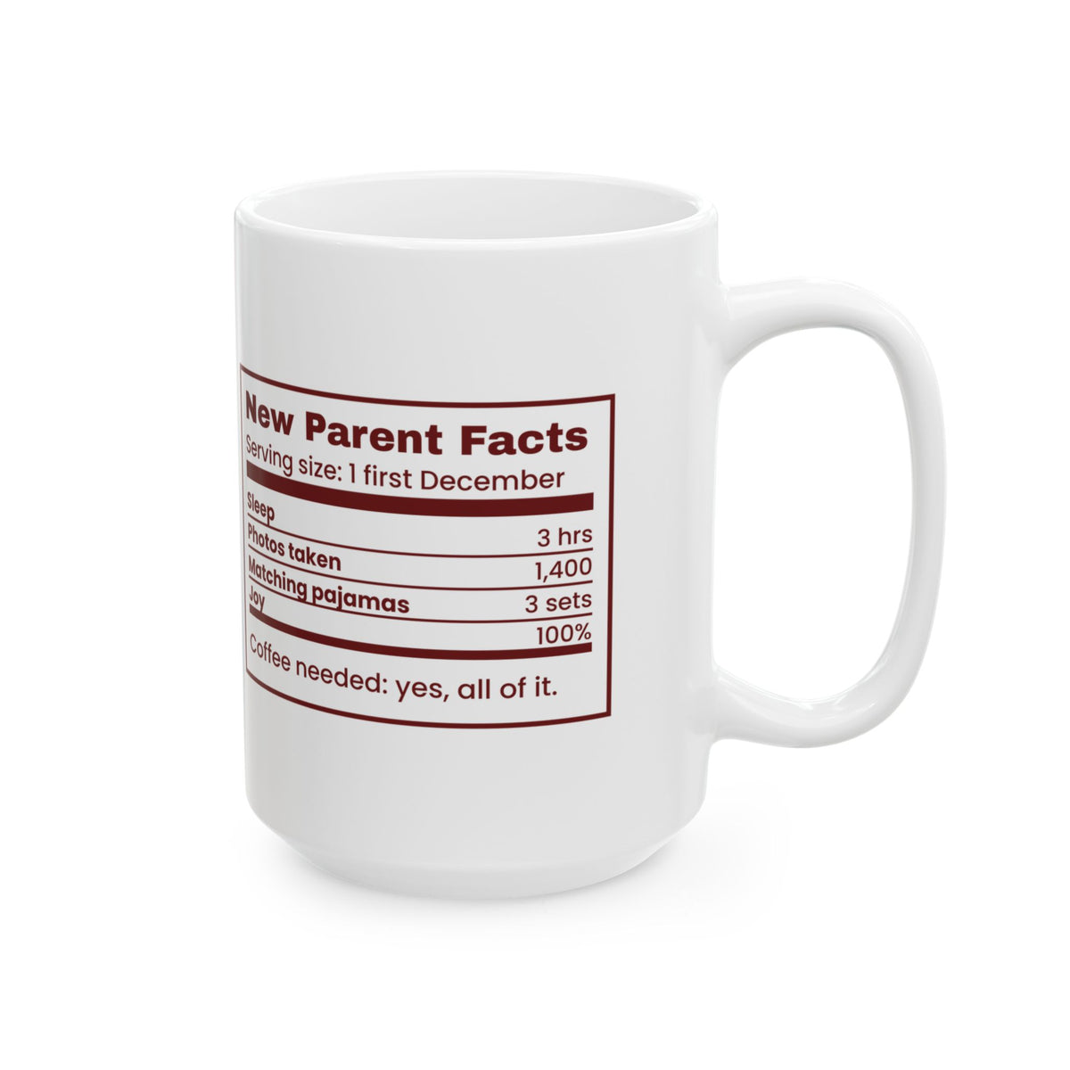 Funny Christmas Coffee Mug New Parent Facts Nutrition Label