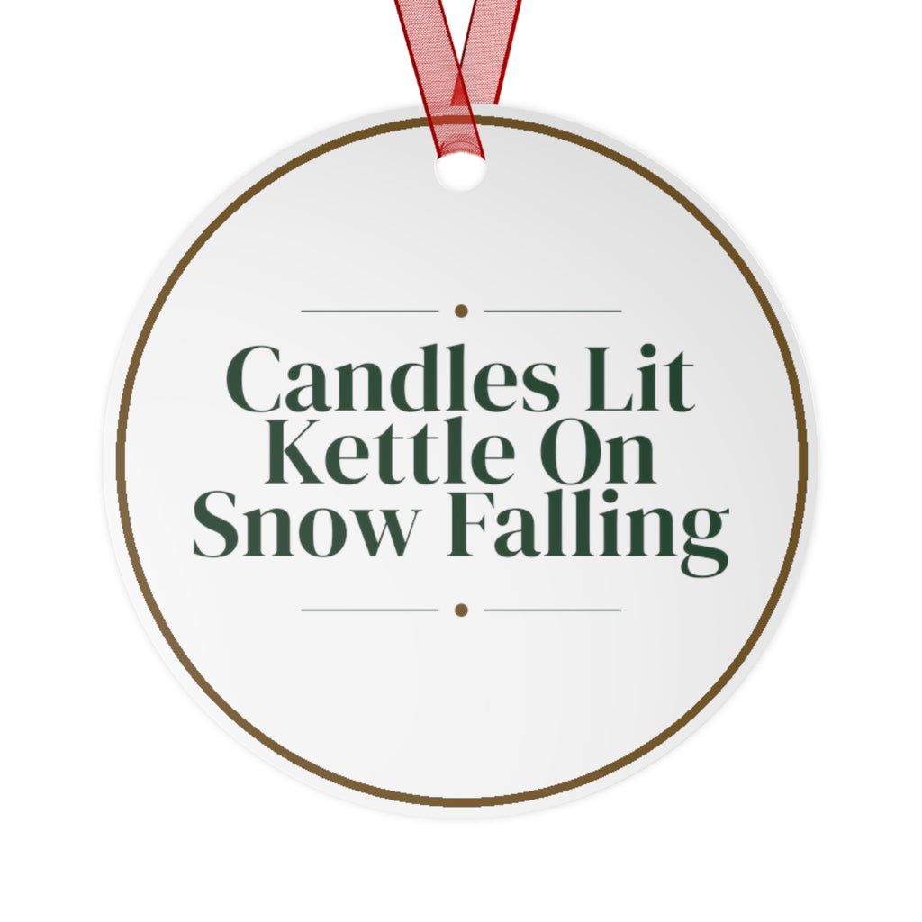 Christmas Ornament Candles Lit Kettle On Snow Falling