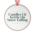 Christmas Ornament Candles Lit Kettle On Snow Falling
