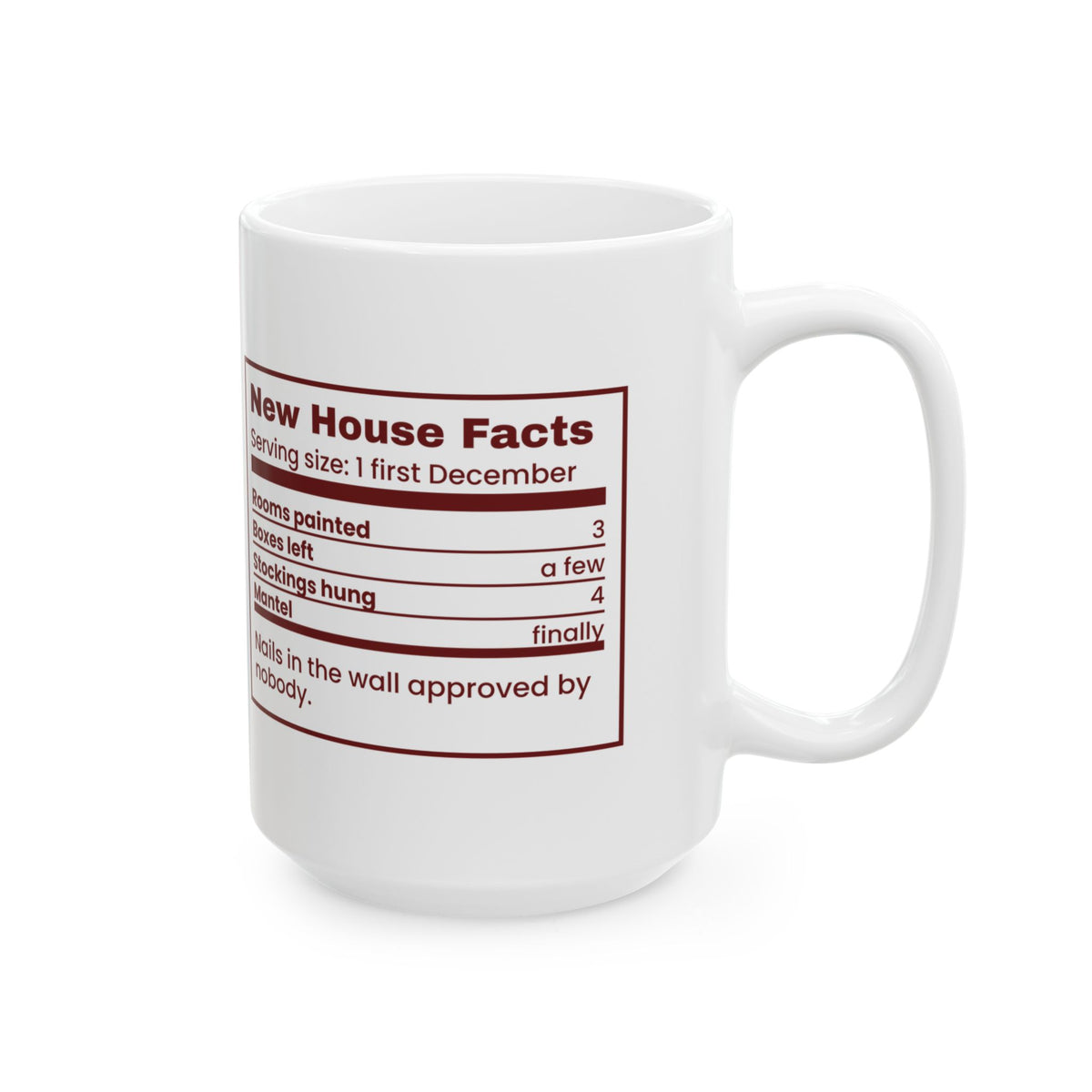 Funny Christmas Coffee Mug New House Facts Nutrition Label