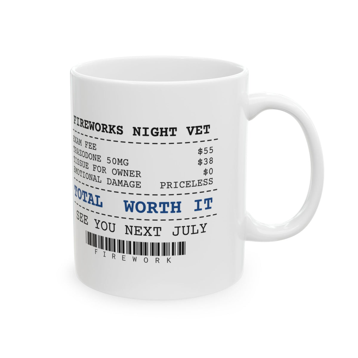 Funny Fireworks Vet Bill Receipt Coffee Mug Anxiety Meds For Dog Moms