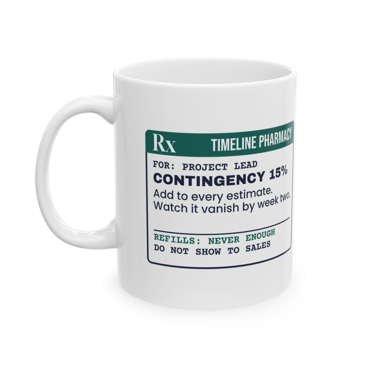 Funny Project Manager Coffee Mug Contingency Prescription Label