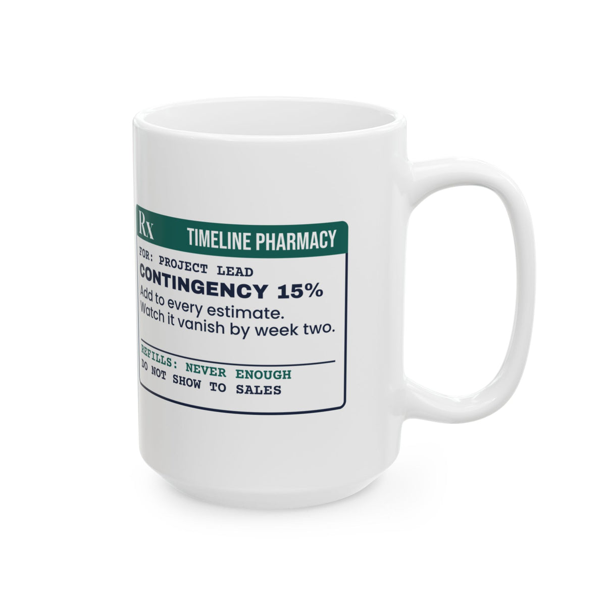 Funny Project Manager Coffee Mug Contingency Prescription Label