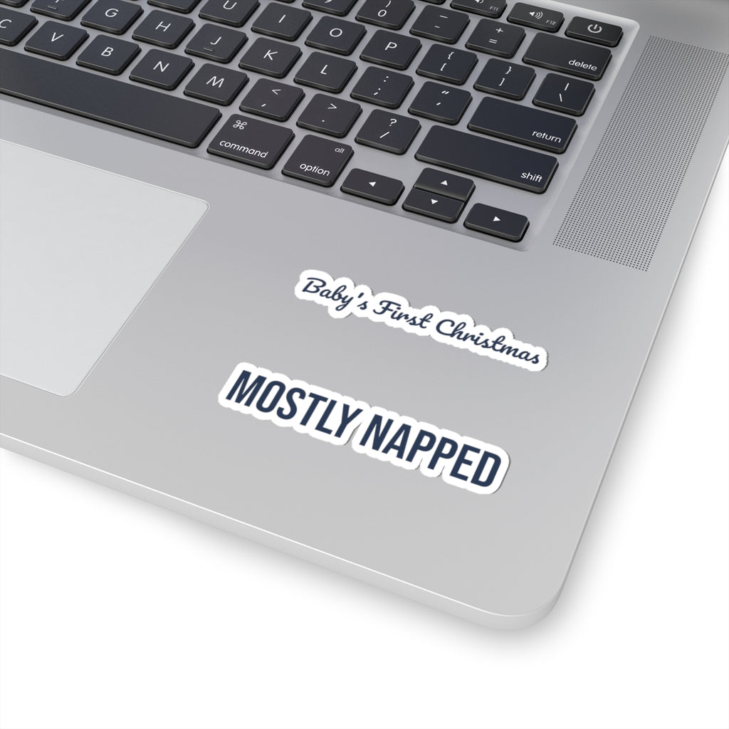 Funny Baby's First Christmas Sticker Mostly Napped New Parents
