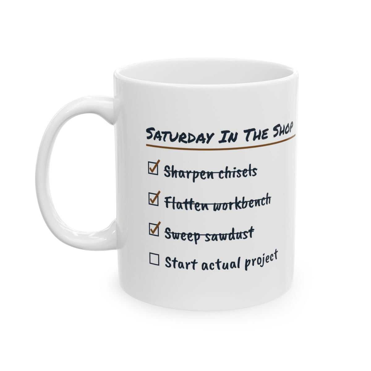 Funny Woodshop Mug Sharpened Everything Built Nothing Checklist