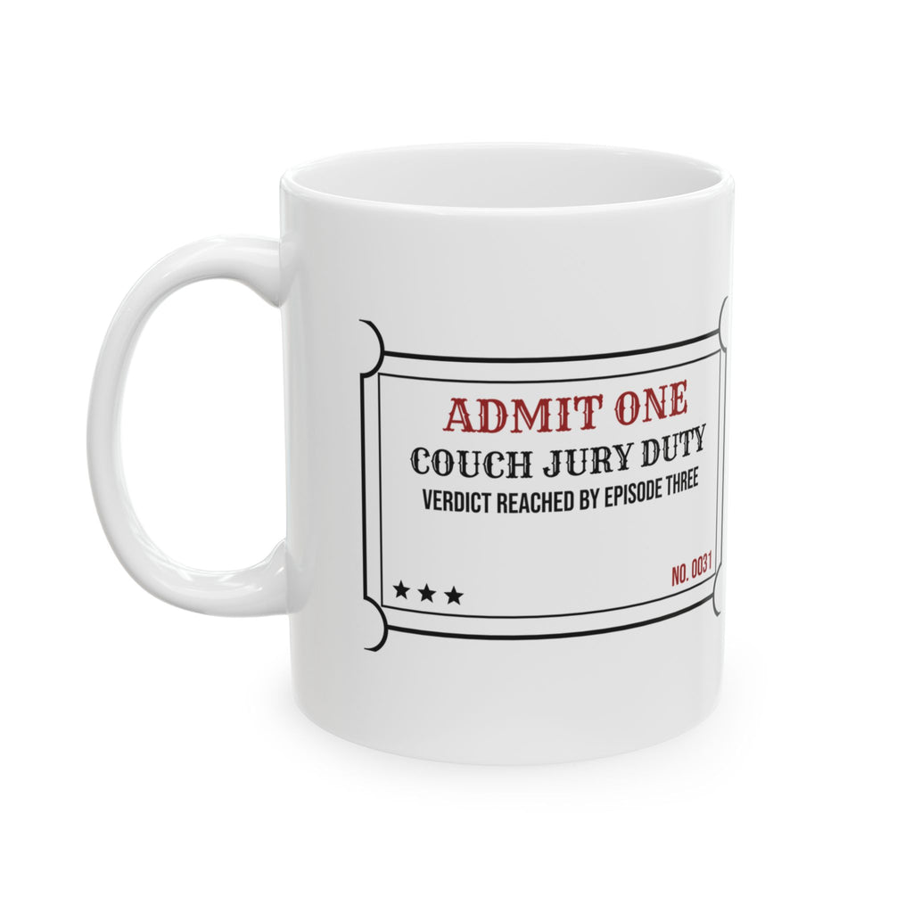 Funny True Crime Coffee Mug Couch Jury Duty Verdict By Episode Three