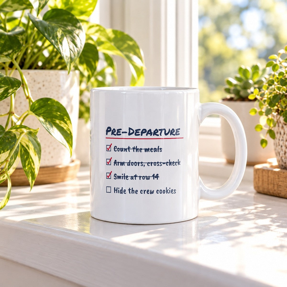 Funny Flight Attendant Coffee Mug Pre-Departure Checklist Crew Cookies - photo 1