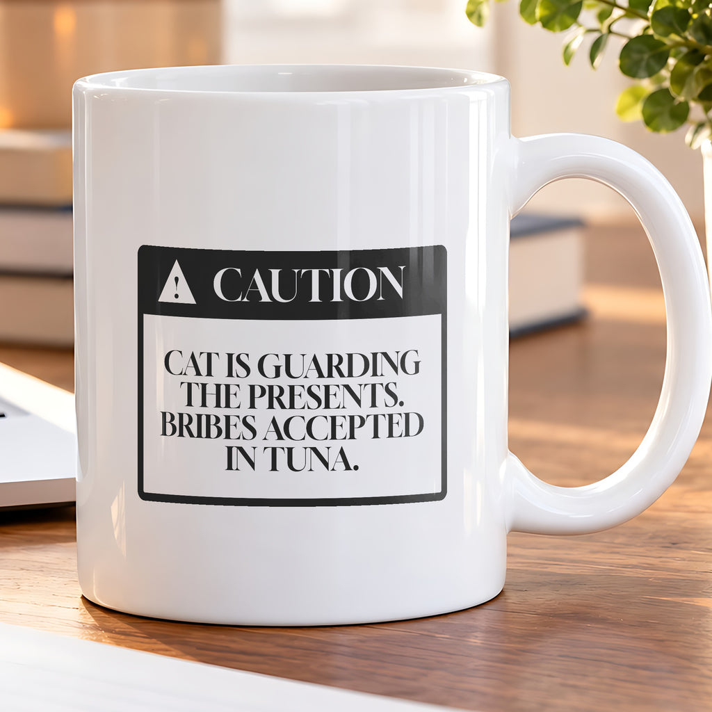Funny Christmas Coffee Mug Cat Guarding The Presents Warning Label - photo 5