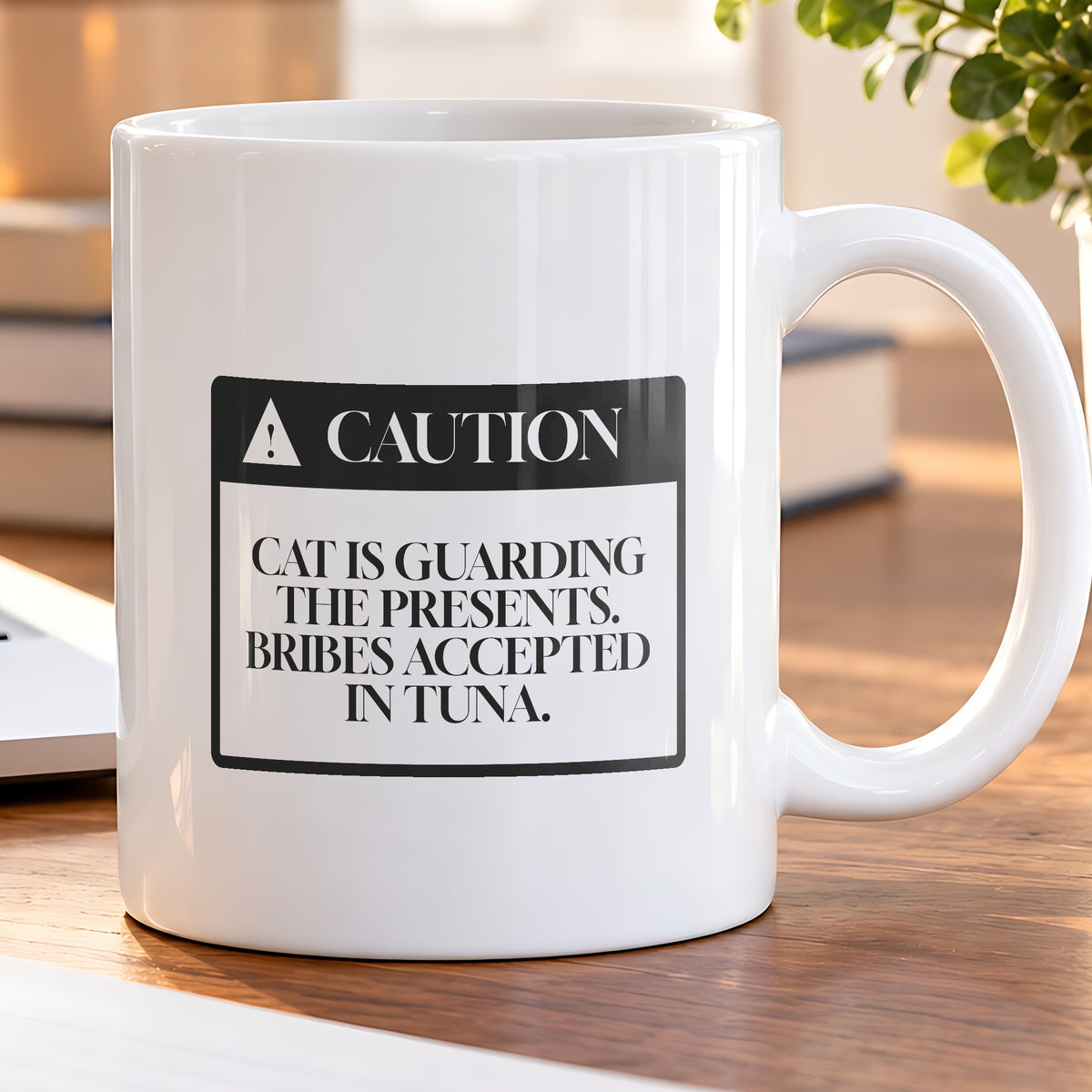 Funny Christmas Coffee Mug Cat Guarding The Presents Warning Label - photo 5