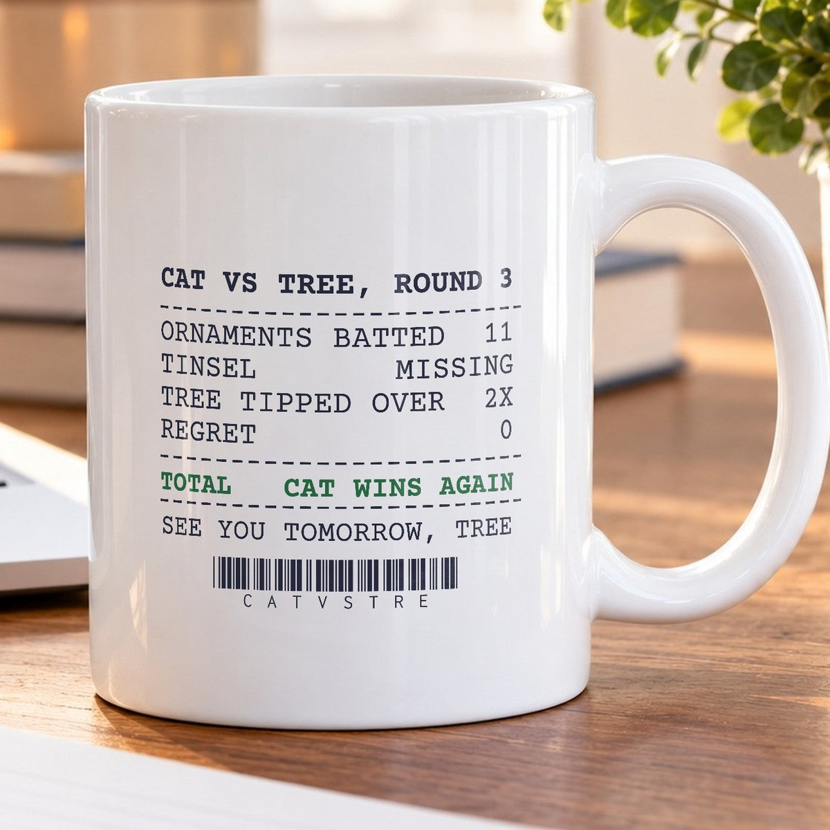 Funny Christmas Cat Coffee Mug Cat Vs Tree Round 3 Receipt - photo 5