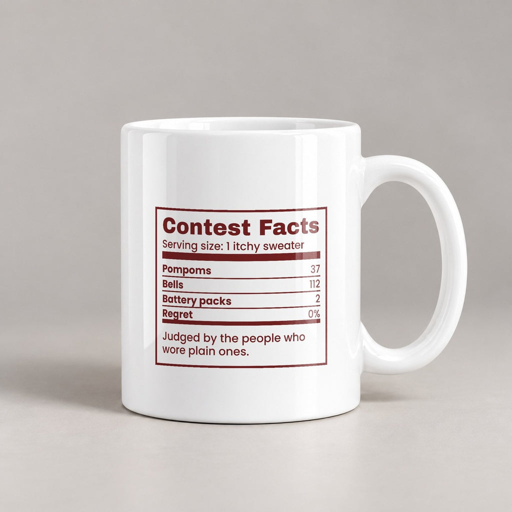 Funny Ugly Sweater Coffee Mug Contest Facts Pompoms And Bells Label - photo 3