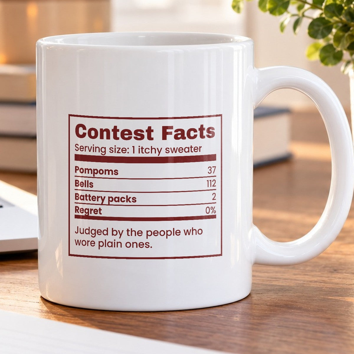 Funny Ugly Sweater Coffee Mug Contest Facts Pompoms And Bells Label - photo 5