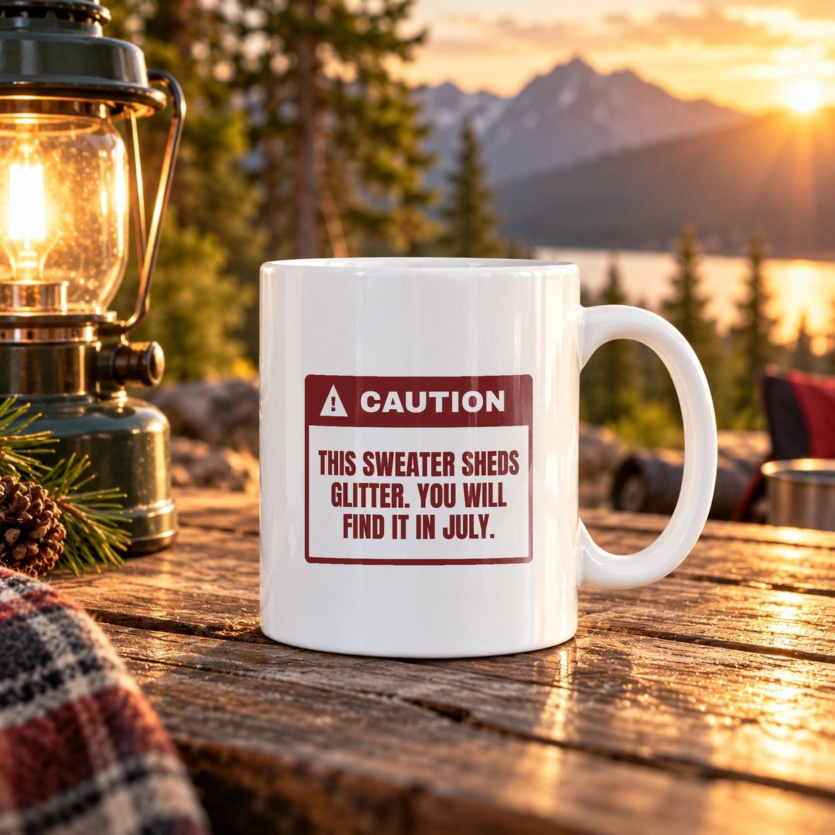 Funny Ugly Sweater Coffee Mug Sheds Glitter Until July Warning Label - photo 1